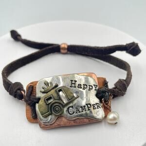 Vintage Happy Camper Mixed Metal Suede Leather Cord Slide Charm Bracelet Boho